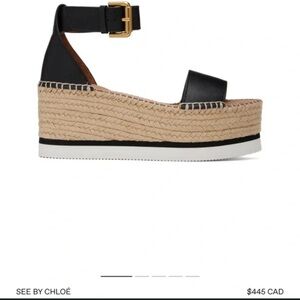 See By Chloé Black Leather Espadrille Platform Sandals with Gold Buckle
